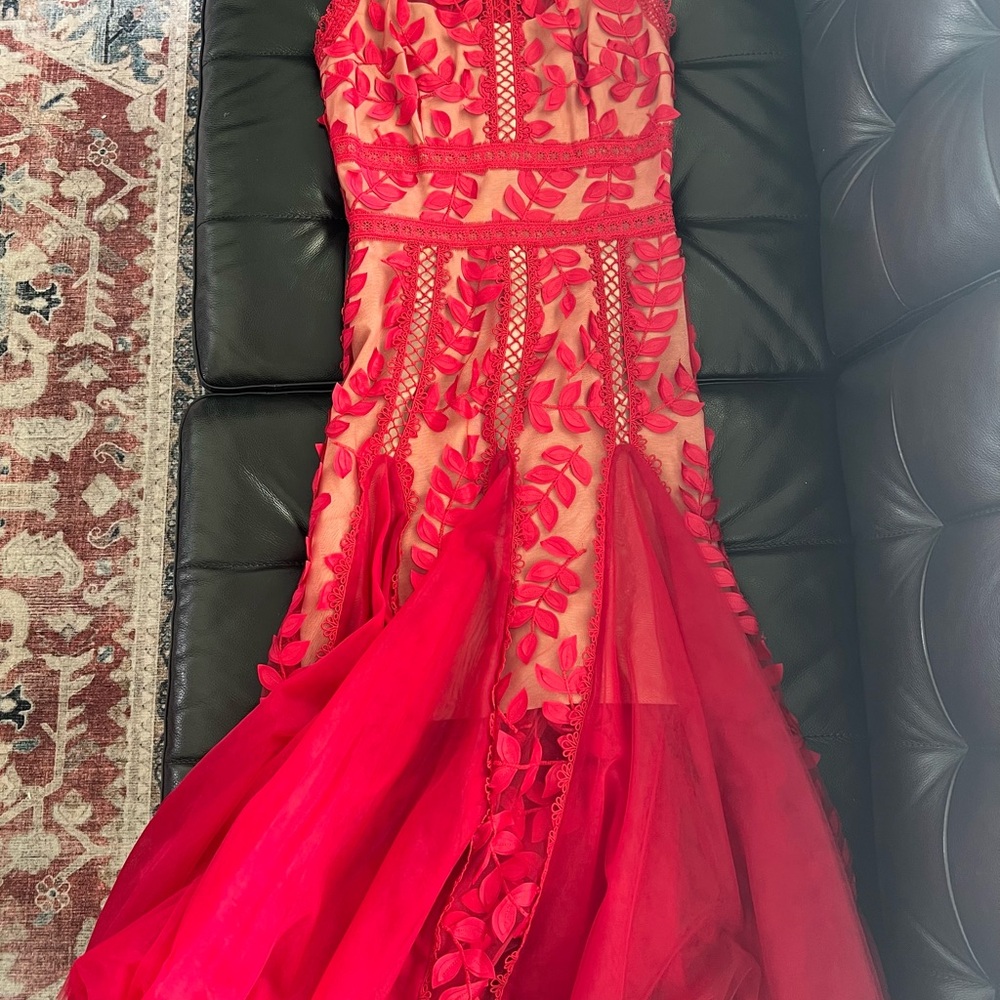 Bronx and Banco Bold Red Lace & Appliqué Midi Dress - Picture 8 of 11